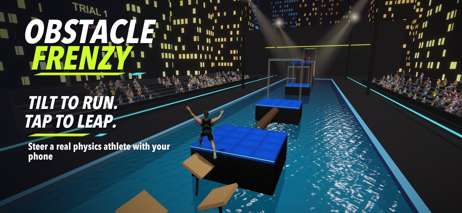 Obstacle Frenzy title screen: Tilt to run, Tap to leap, in the City Night trial